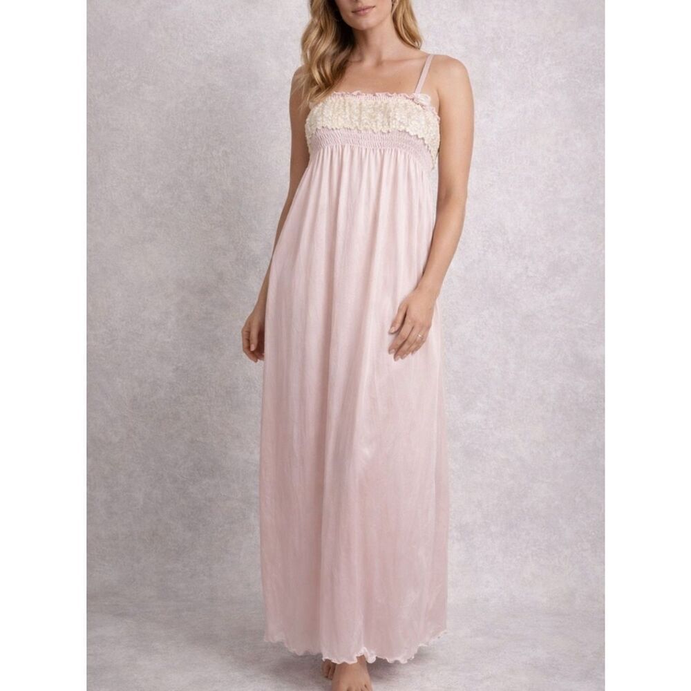 Stan Herman Pink Nylon Nightgown Lace Trim Maxi Slip Dress Vintage XS